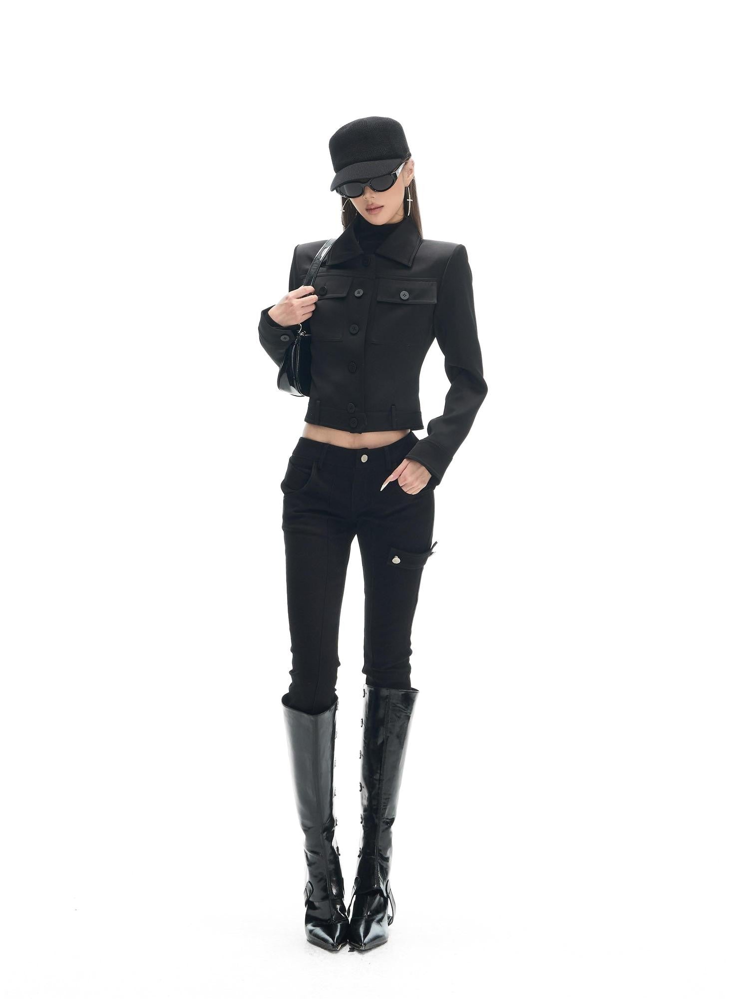 Fanptntox Black Satin Slim Fit Lapel Workwear Women's Polyester Cropped Jackets