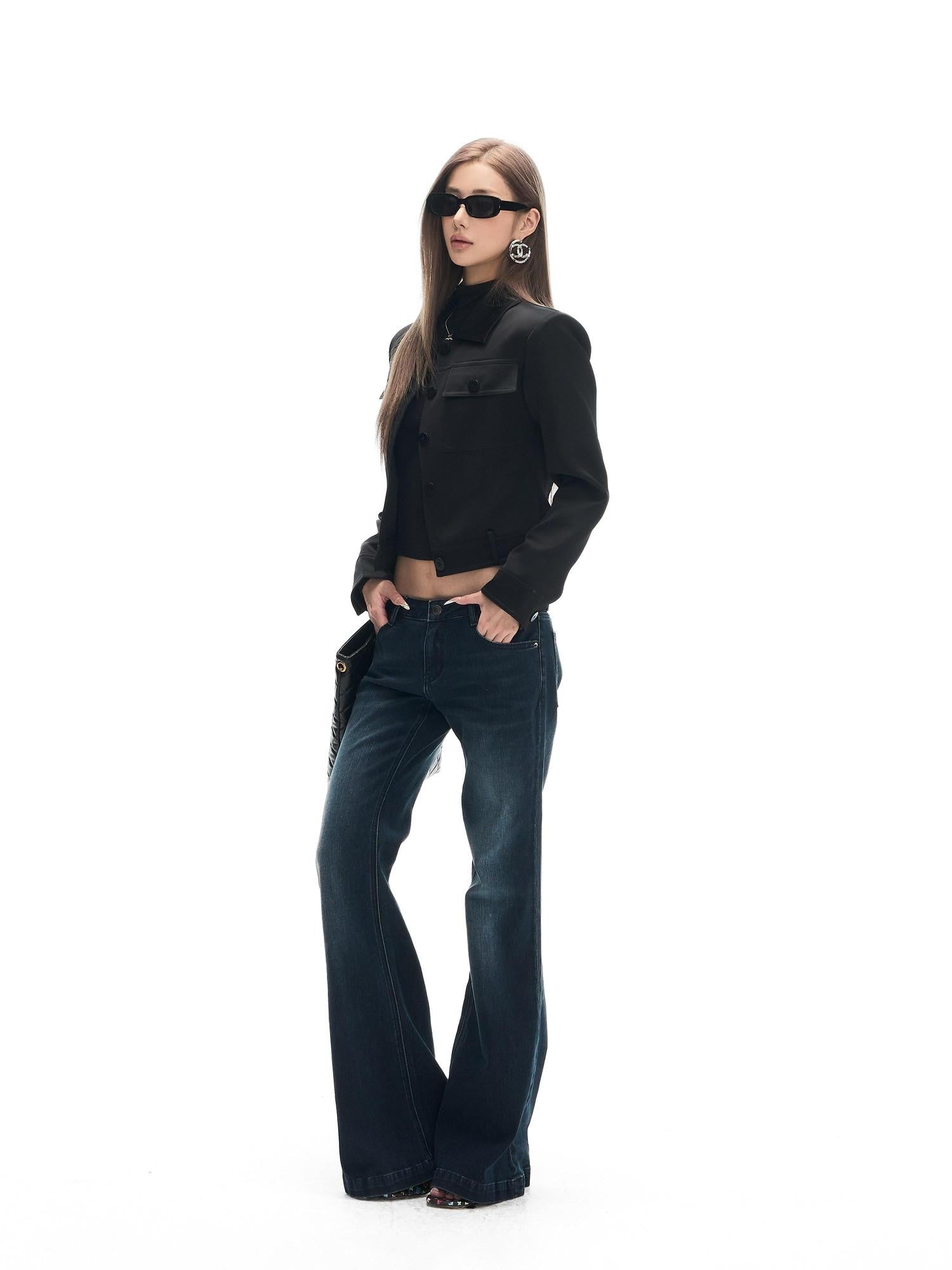 Fanptntox Black Satin Slim Fit Lapel Workwear Women's Polyester Cropped Jackets