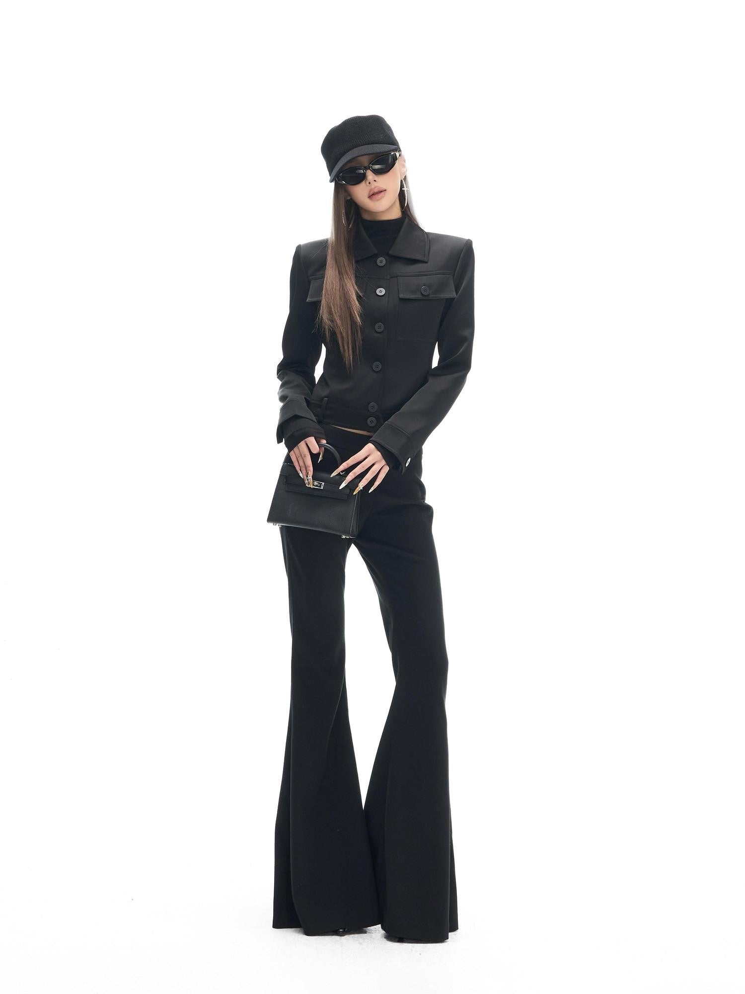 Fanptntox Black Satin Slim Fit Lapel Workwear Women's Polyester Cropped Jackets