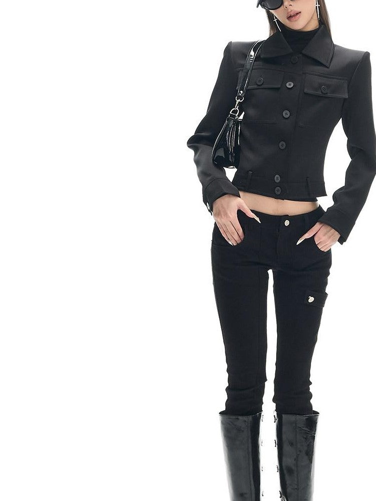 Fanptntox Black Satin Slim Fit Lapel Workwear Women's Polyester Cropped Jackets