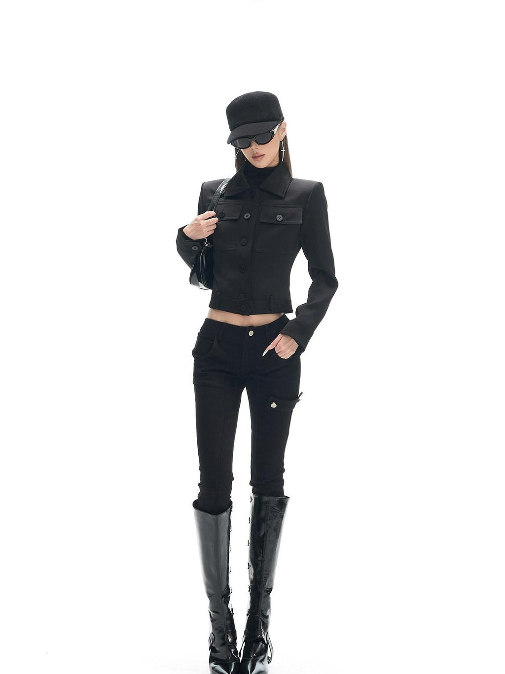 Fanptntox Black Satin Slim Fit Lapel Workwear Women's Polyester Cropped Jackets
