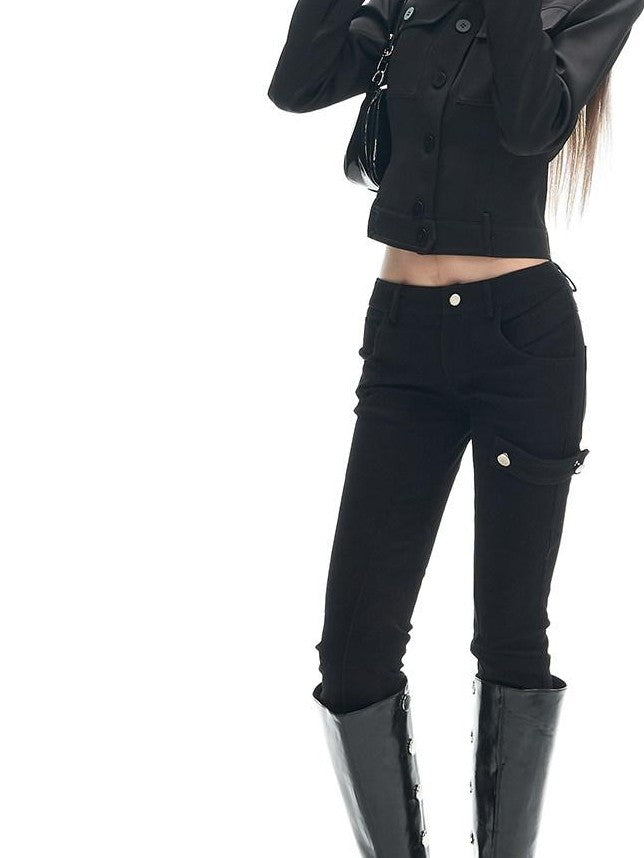 Fanptntox Black Satin Slim Fit Lapel Workwear Women's Polyester Cropped Jackets