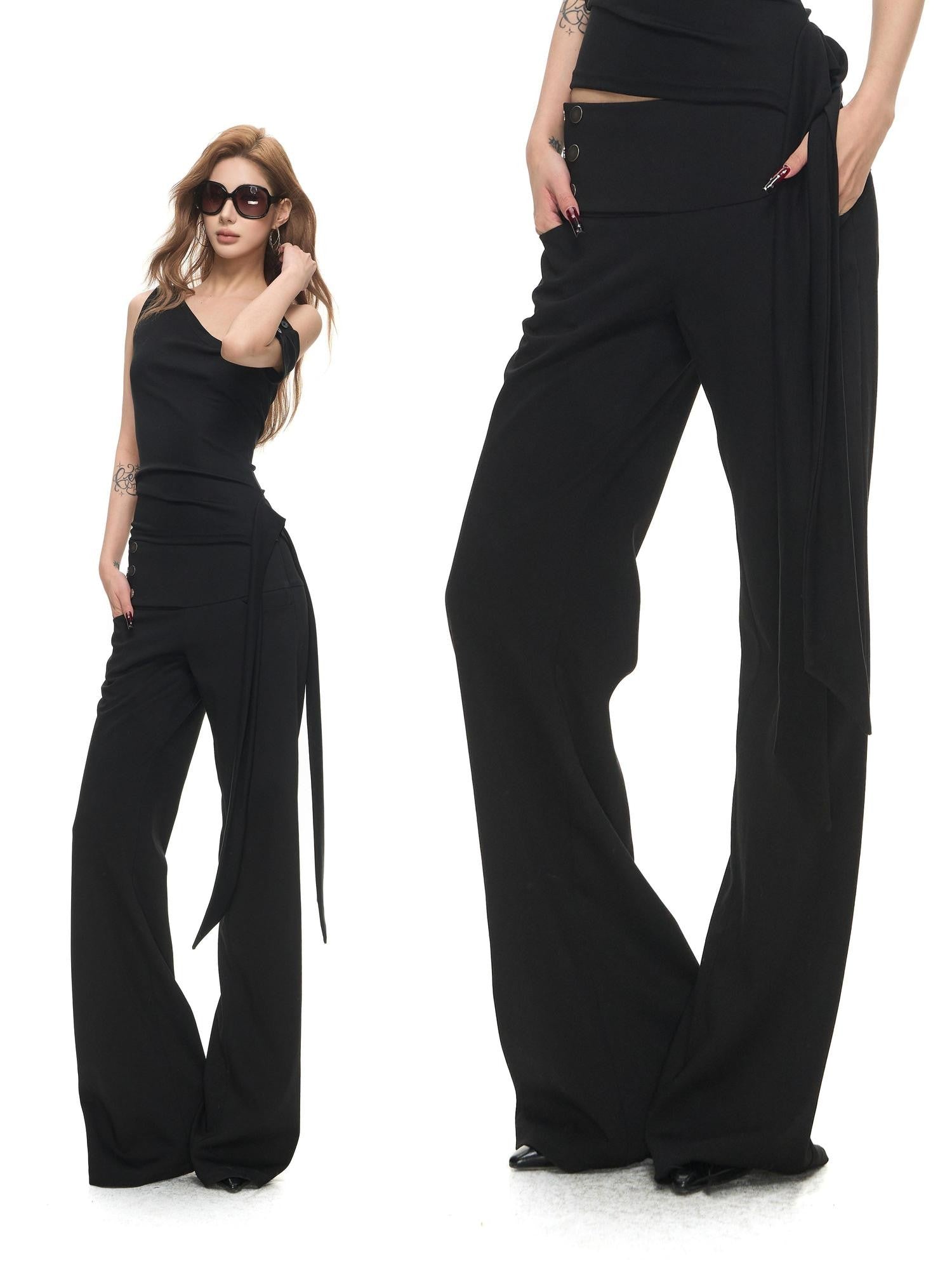 Fanptntox Black Sculpted Cut Wide Waistband Snap Low Rise Straight Women's Tailored Pants