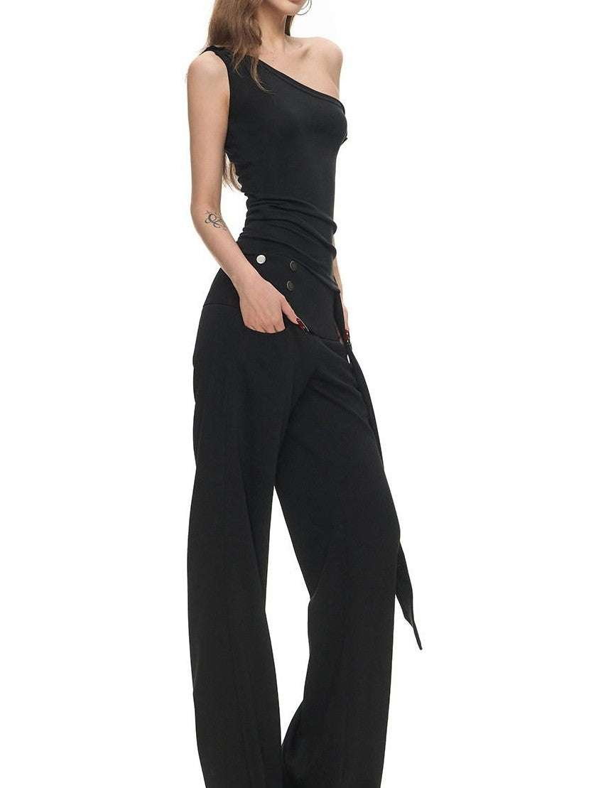 Fanptntox Black Sculpted Cut Wide Waistband Snap Low Rise Straight Women's Tailored Pants