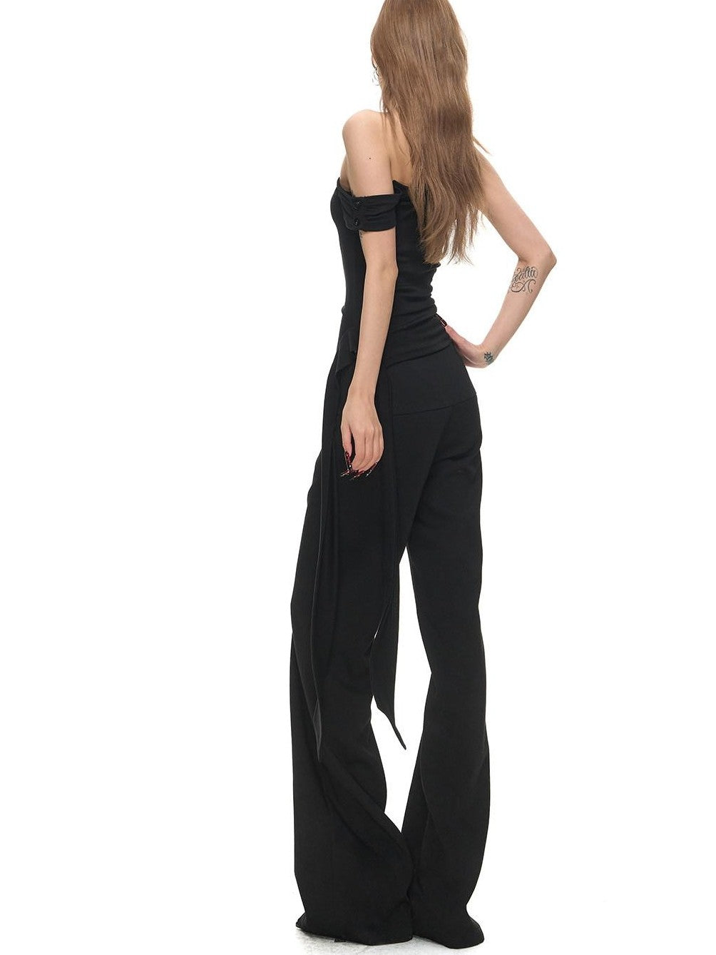 Fanptntox Black Sculpted Cut Wide Waistband Snap Low Rise Straight Women's Tailored Pants