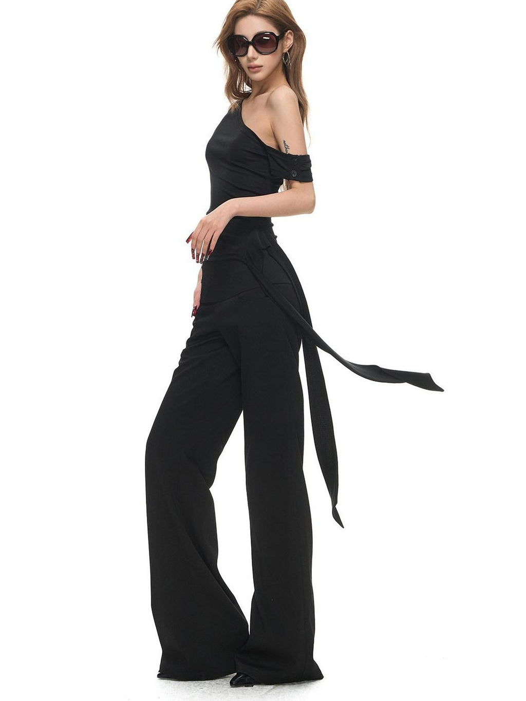Fanptntox Black Sculpted Cut Wide Waistband Snap Low Rise Straight Women's Tailored Pants