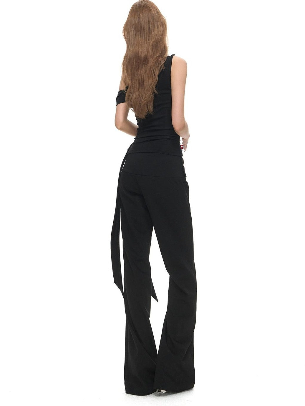 Fanptntox Black Sculpted Cut Wide Waistband Snap Low Rise Straight Women's Tailored Pants