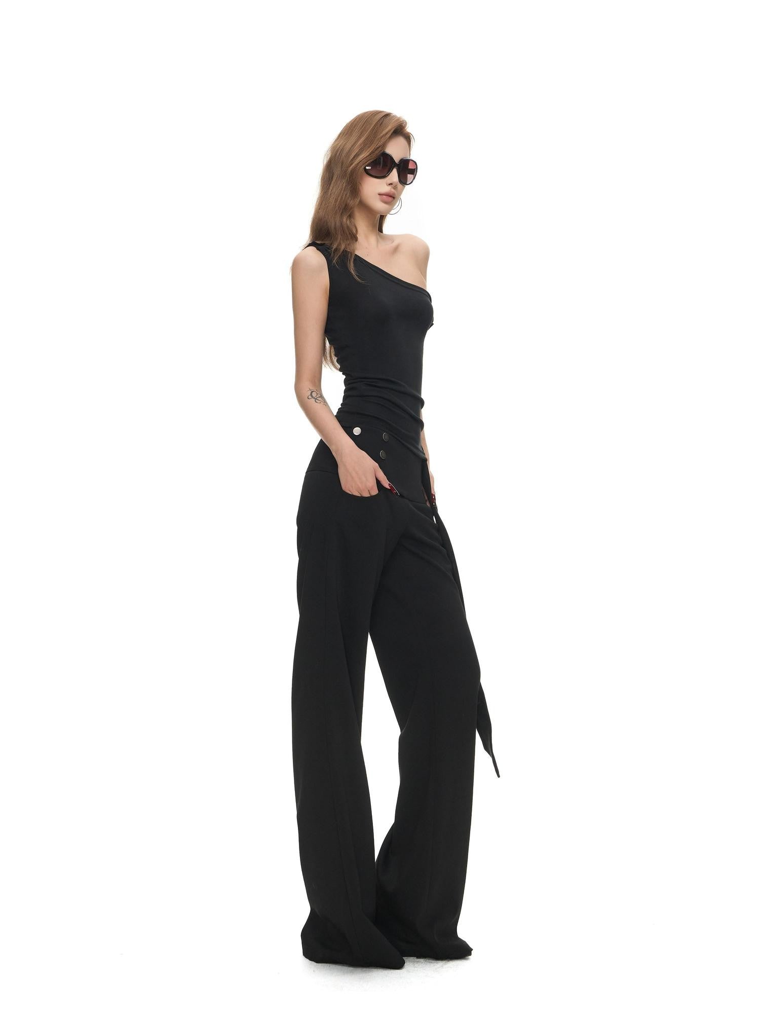 Fanptntox Black Sculpted Cut Wide Waistband Snap Low Rise Straight Women's Tailored Pants