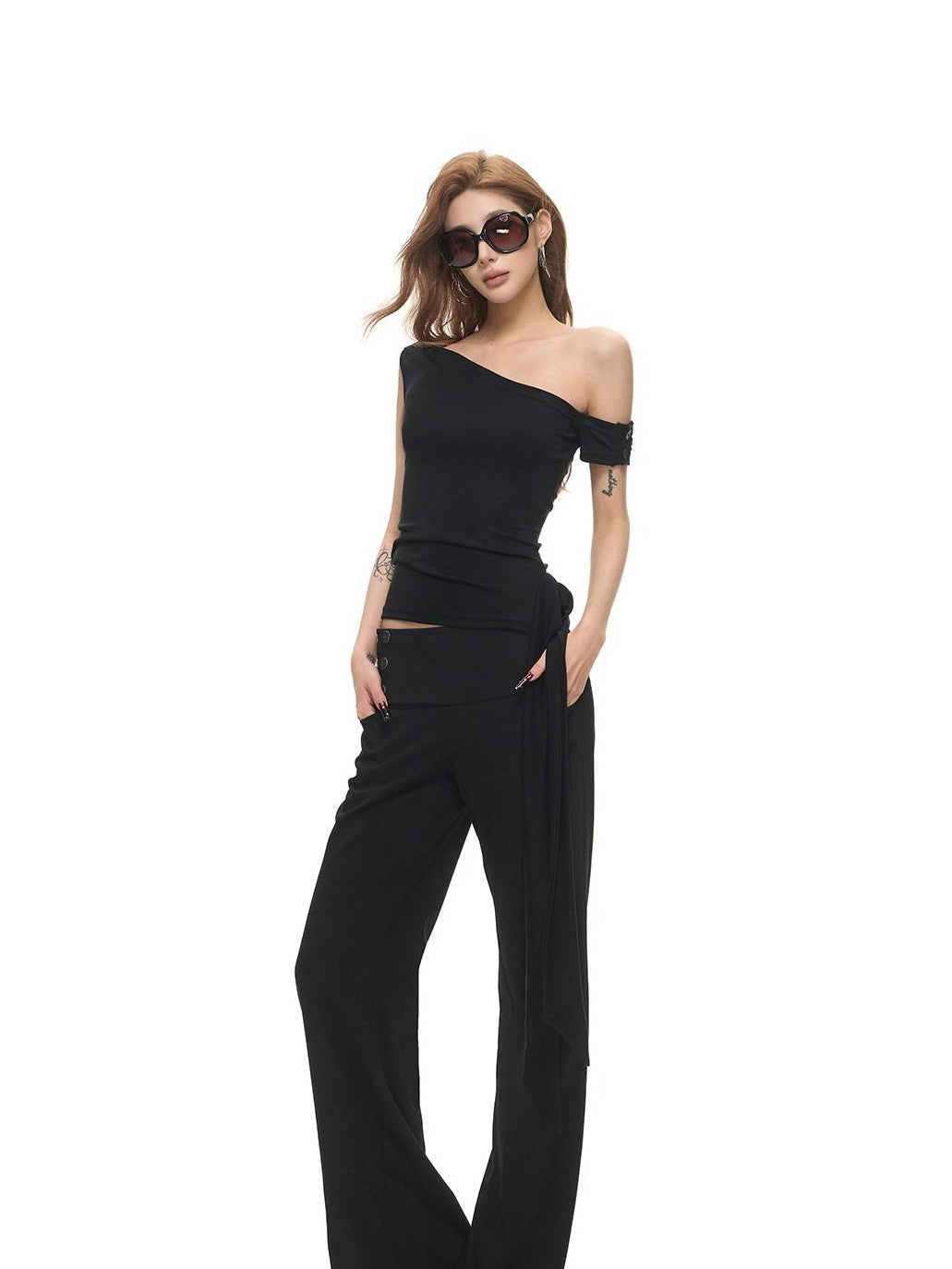 Fanptntox Black Sculpted Cut Wide Waistband Snap Low Rise Straight Women's Tailored Pants