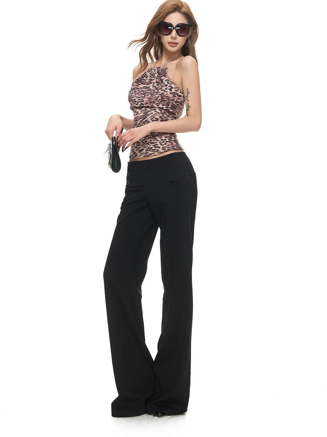 Fanptntox Black Sculpted Cut Wide Waistband Snap Low Rise Straight Women's Tailored Pants