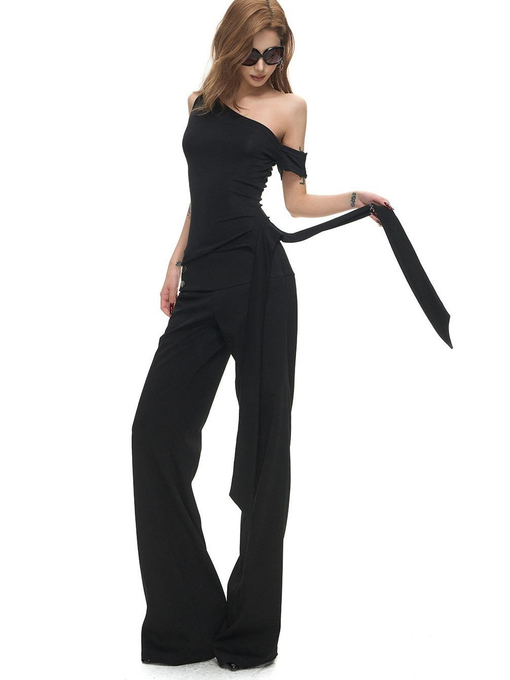 Fanptntox Black Sculpted Cut Wide Waistband Snap Low Rise Straight Women's Tailored Pants