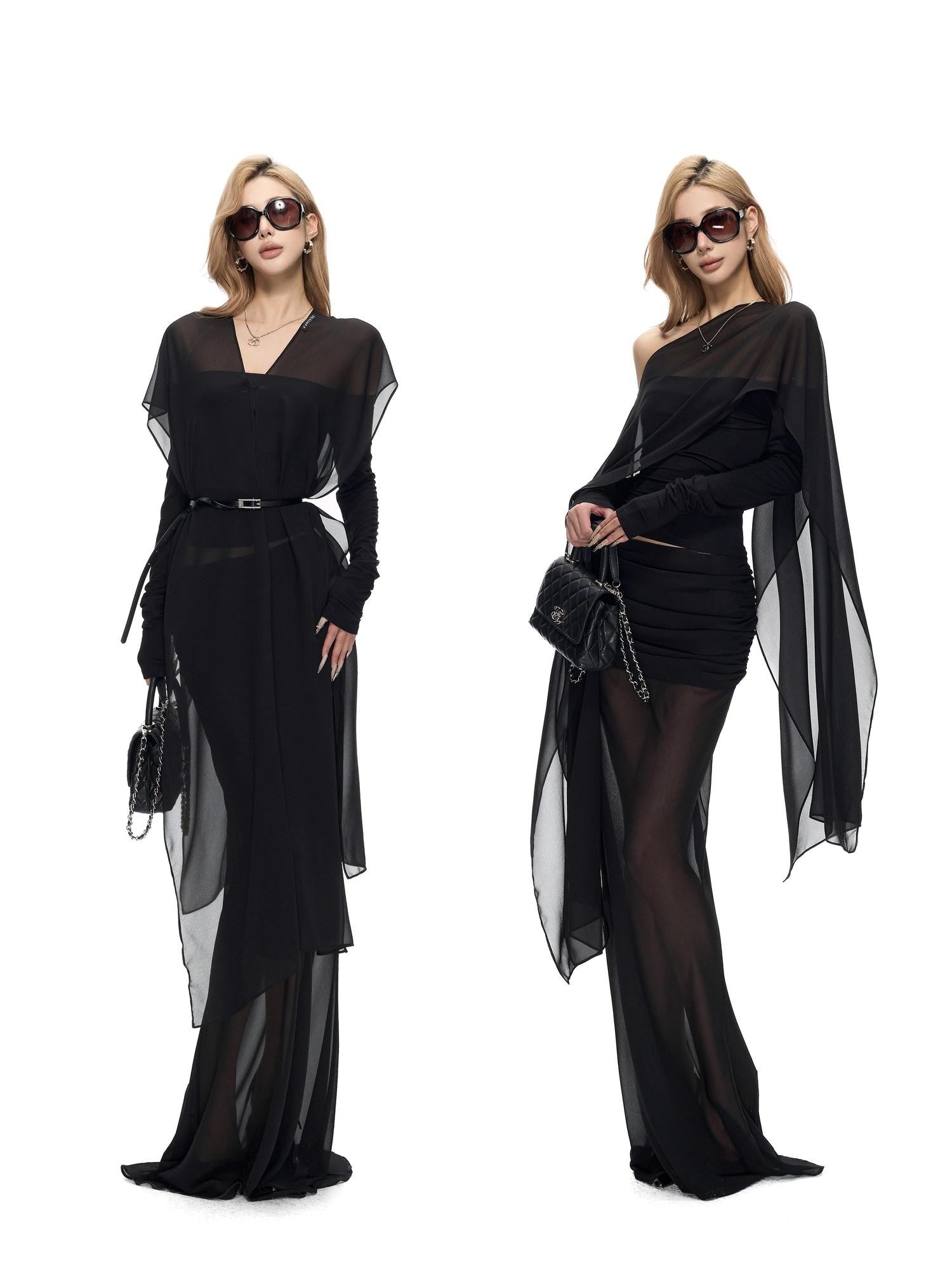 Fanptntox Black Sheer Chiffon Square Women's Faux Silk Scarves & Shawls