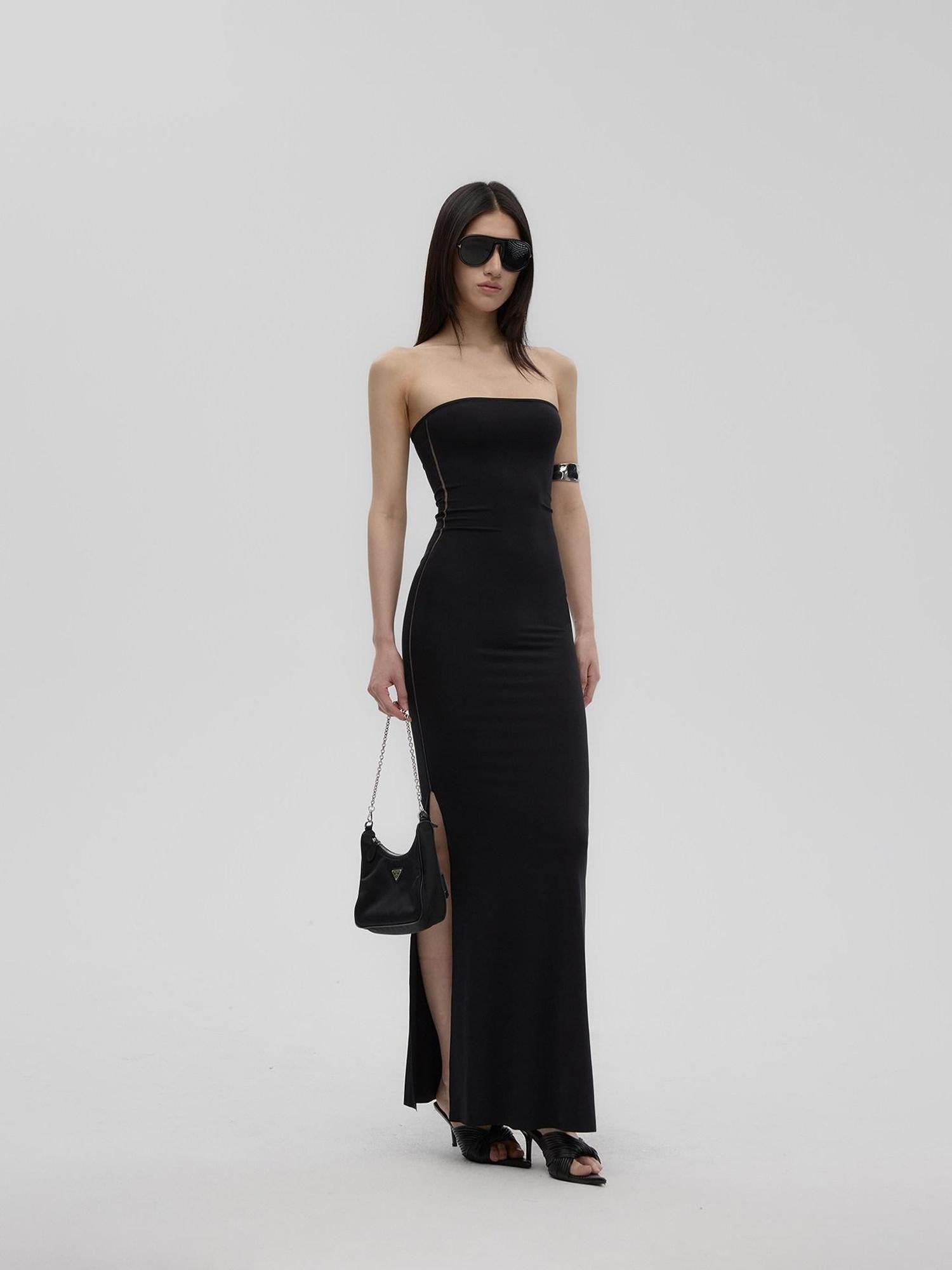 Fanptntox Black Sheer Mesh Panel Slim Fit Women's Lyocell Knit Strapless Maxi Dresses