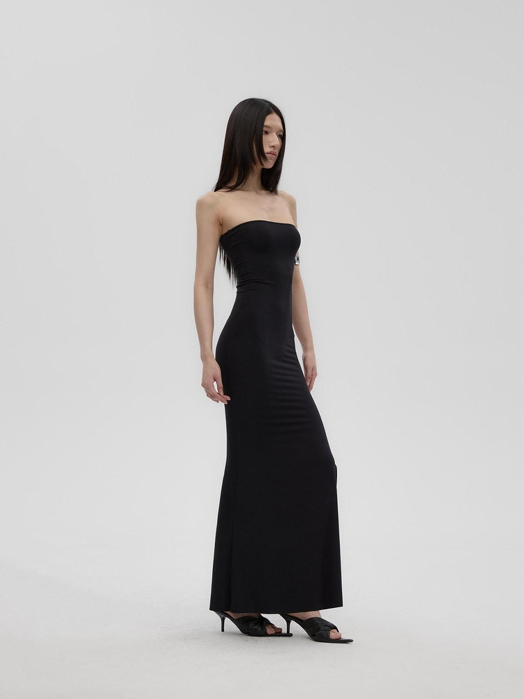 Fanptntox Black Sheer Mesh Panel Slim Fit Women's Lyocell Knit Strapless Maxi Dresses