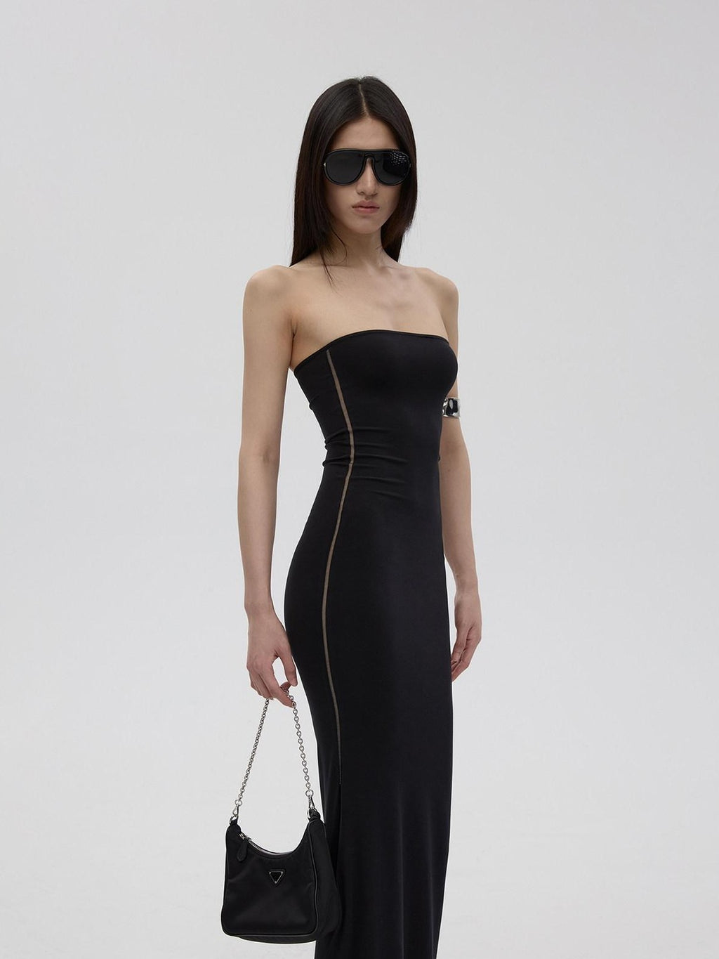 Fanptntox Black Sheer Mesh Panel Slim Fit Women's Lyocell Knit Strapless Maxi Dresses