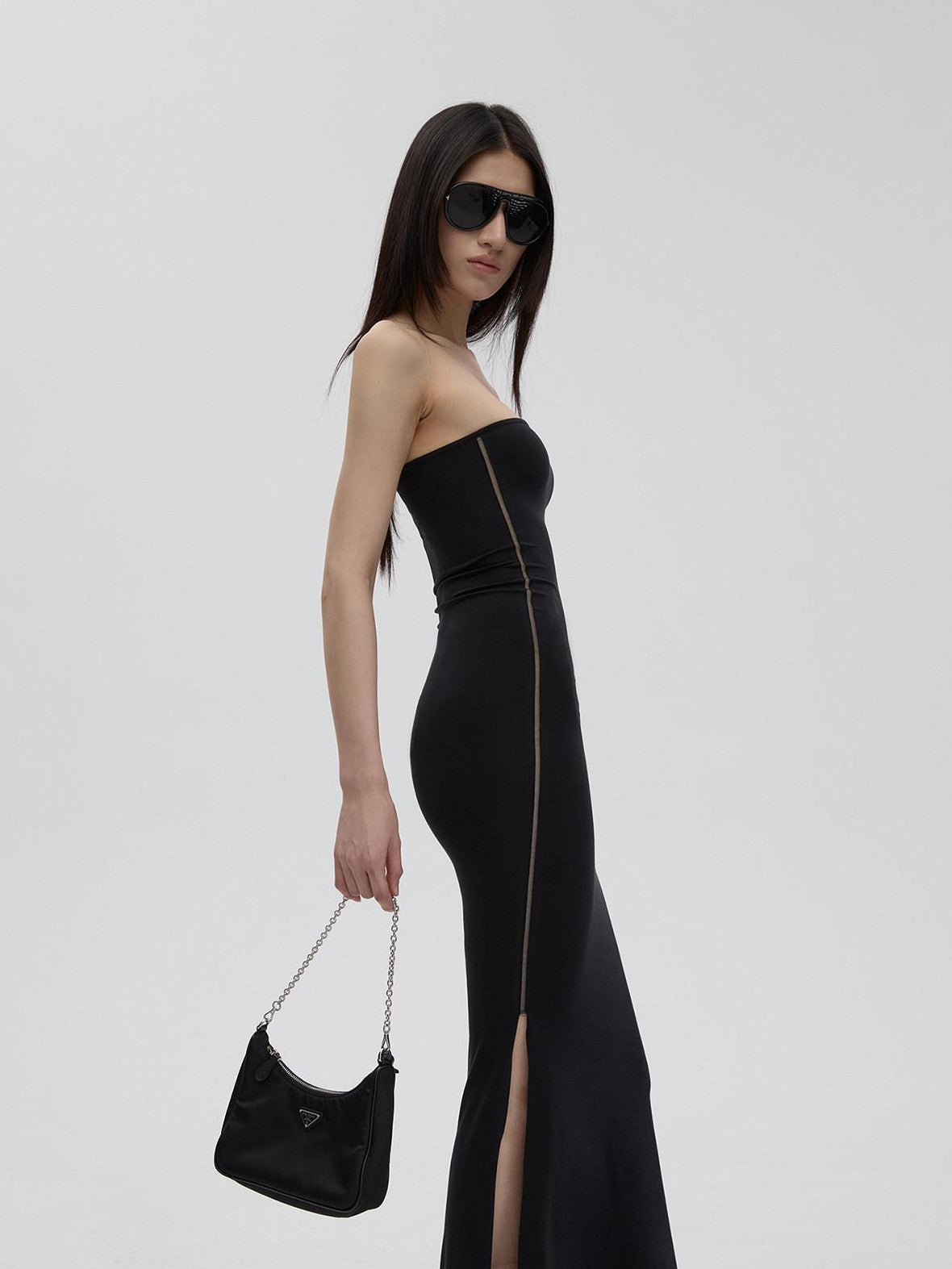 Fanptntox Black Sheer Mesh Panel Slim Fit Women's Lyocell Knit Strapless Maxi Dresses