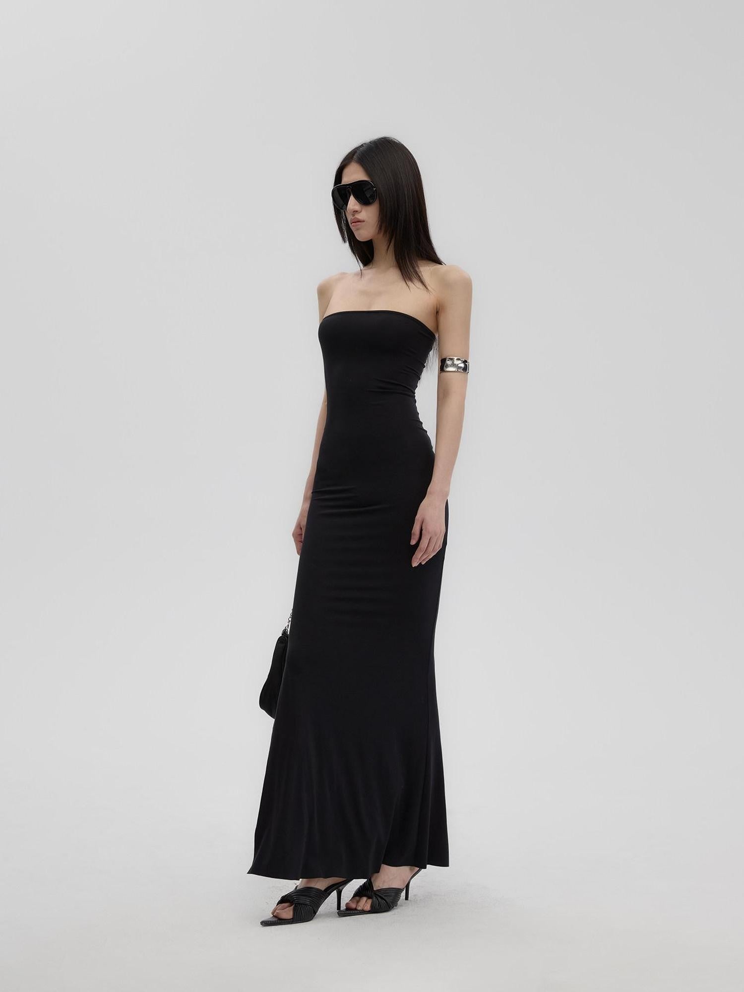 Fanptntox Black Sheer Mesh Panel Slim Fit Women's Lyocell Knit Strapless Maxi Dresses