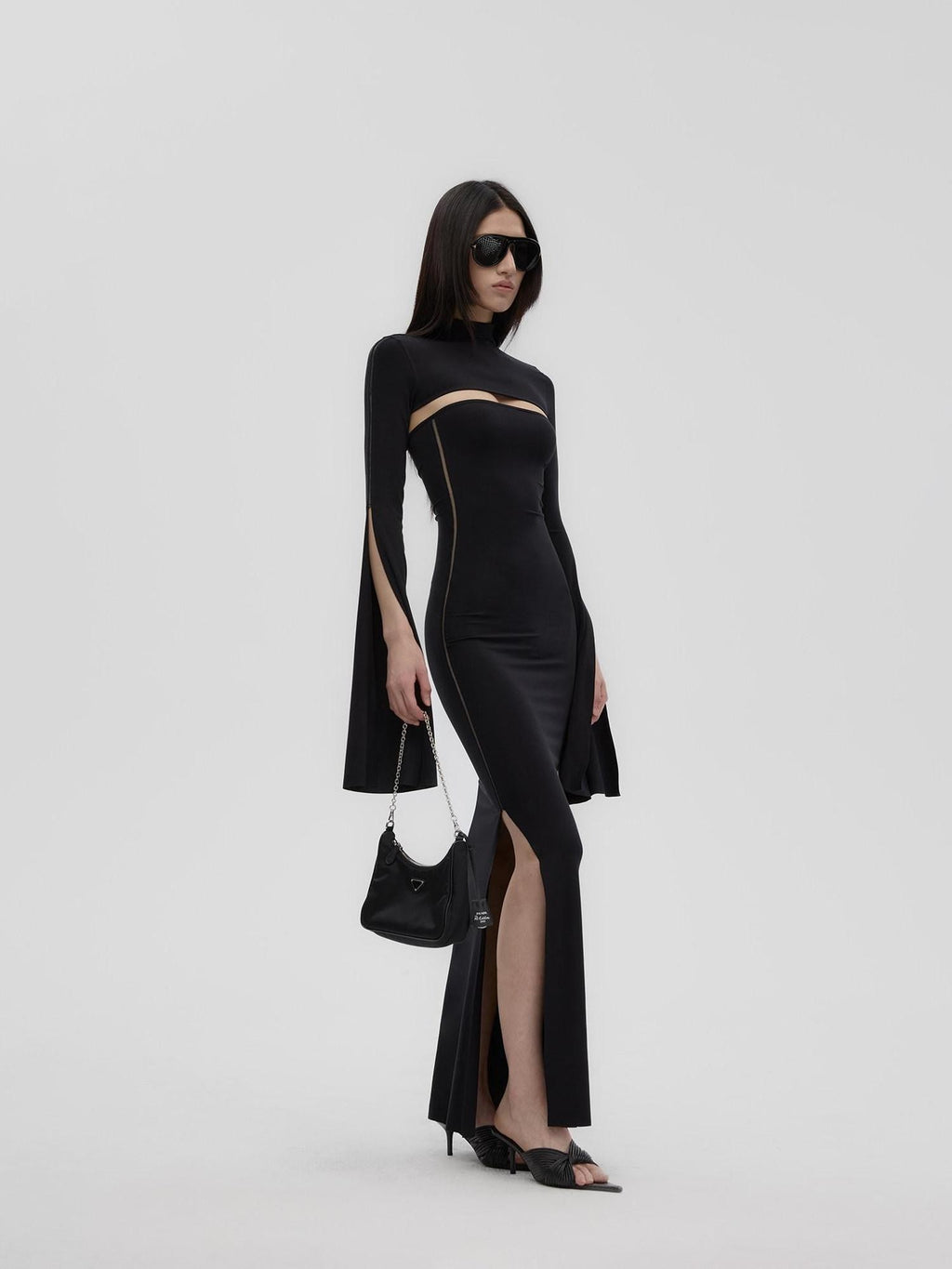 Fanptntox Black Sheer Mesh Panel Slim Fit Women's Lyocell Knit Strapless Maxi Dresses