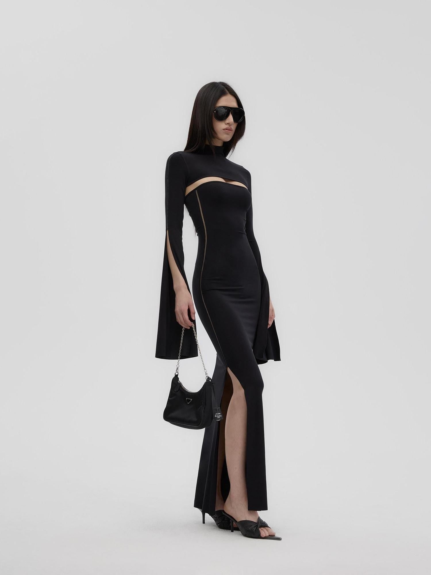 Fanptntox Black Sheer Mesh Panel Slim Fit Women's Lyocell Knit Strapless Maxi Dresses