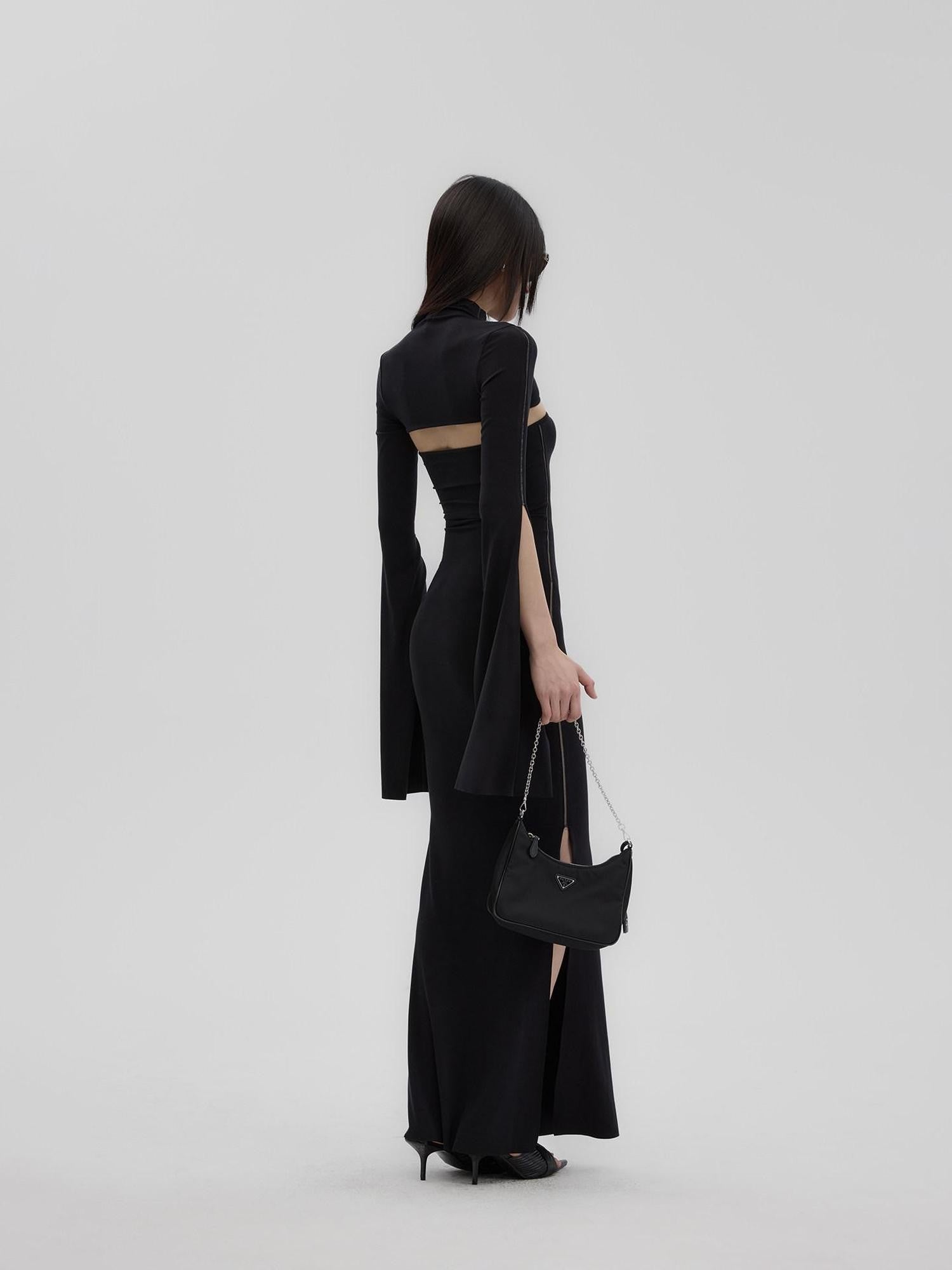 Fanptntox Black Sheer Mesh Panel Slim Fit Women's Lyocell Knit Strapless Maxi Dresses