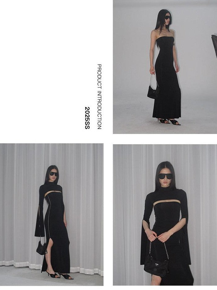 Fanptntox Black Sheer Mesh Panel Slim Fit Women's Lyocell Knit Strapless Maxi Dresses