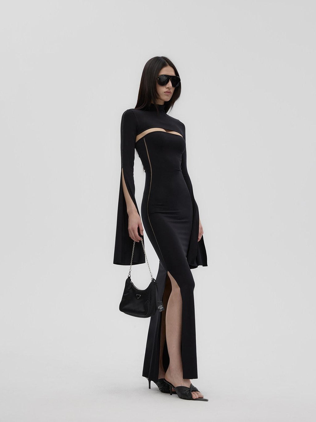 Fanptntox Black Sheer Mesh Panel Slim Fit Women's Lyocell Knit Strapless Maxi Dresses