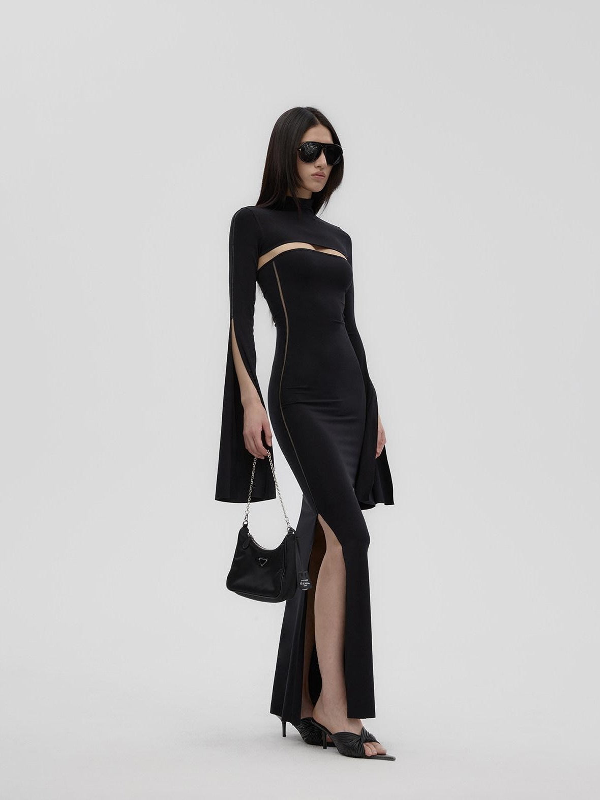 Fanptntox Black Sheer Mesh Panel Slim Fit Women's Lyocell Knit Strapless Maxi Dresses