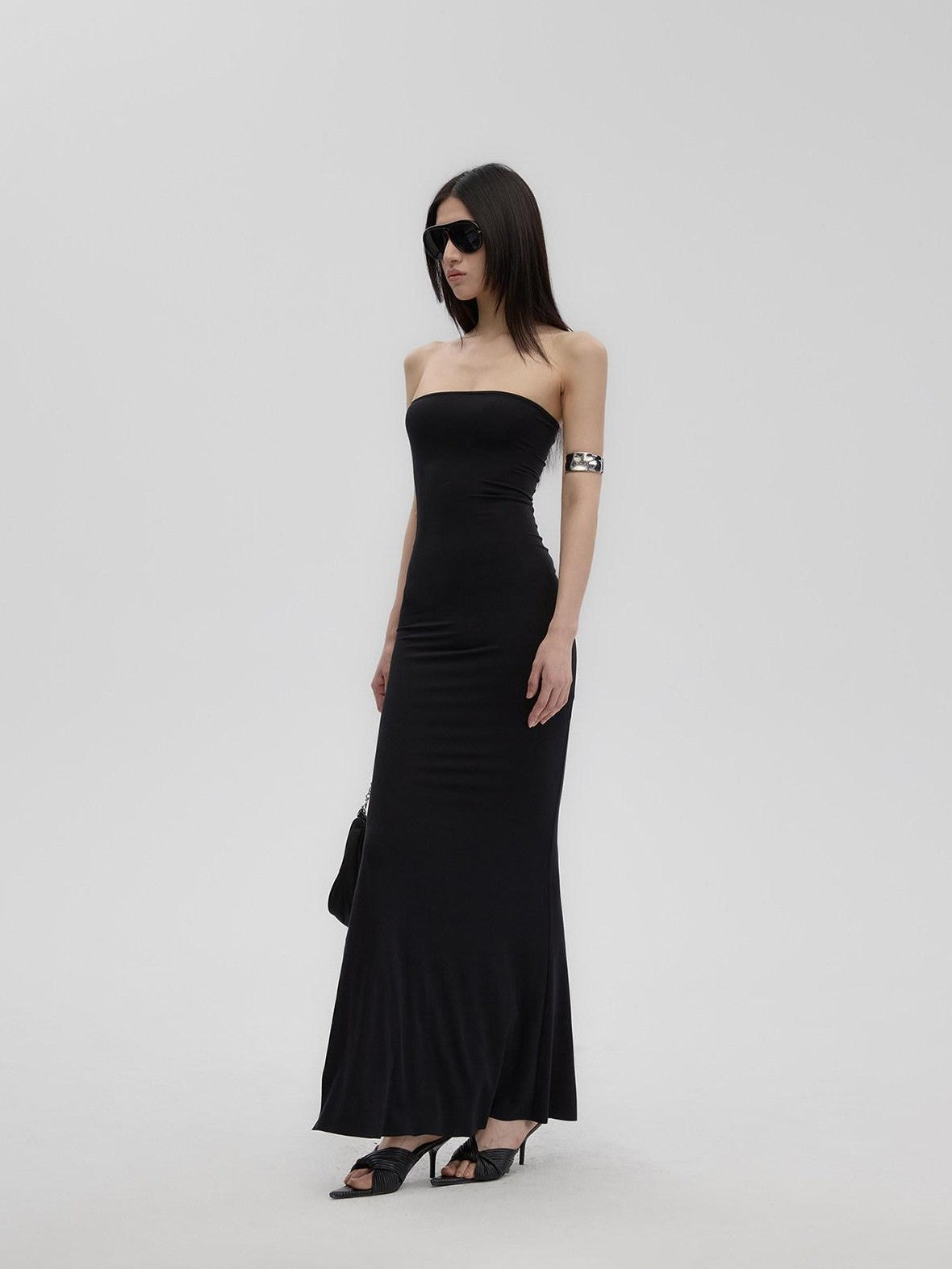 Fanptntox Black Sheer Mesh Panel Slim Fit Women's Lyocell Knit Strapless Maxi Dresses