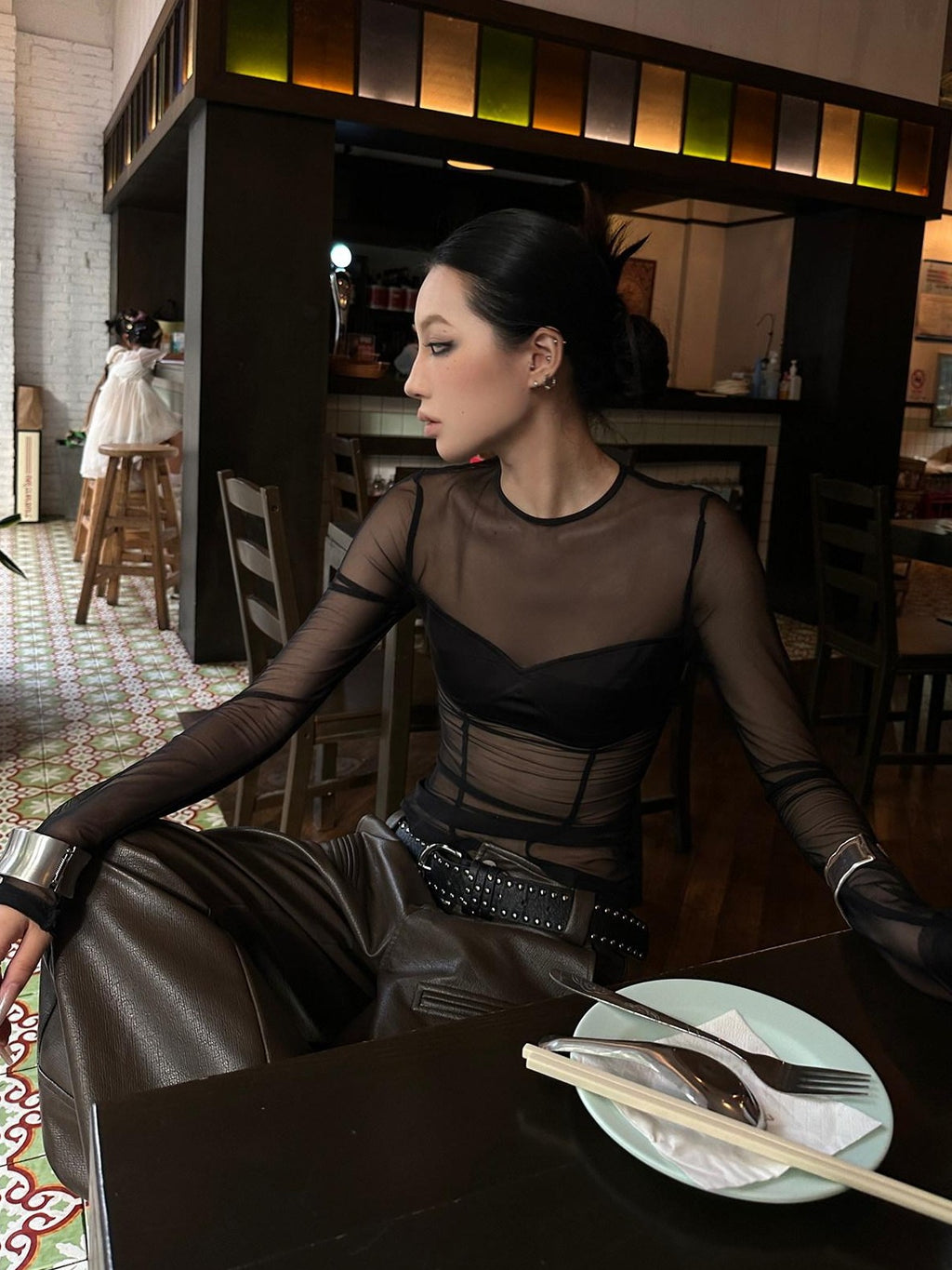 Fanptntox Black Sheer Mesh Slim Fit Round Neck Women's Long Sleeve T-shirts