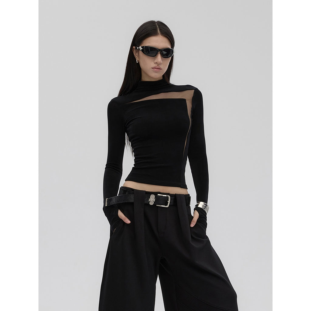 Fanptntox_Black_Sheer_Mesh_Splice_Slim_High_Neck_Women's_Acetate_Long_Sleeve_T-shirts_943712350705_MISSTT