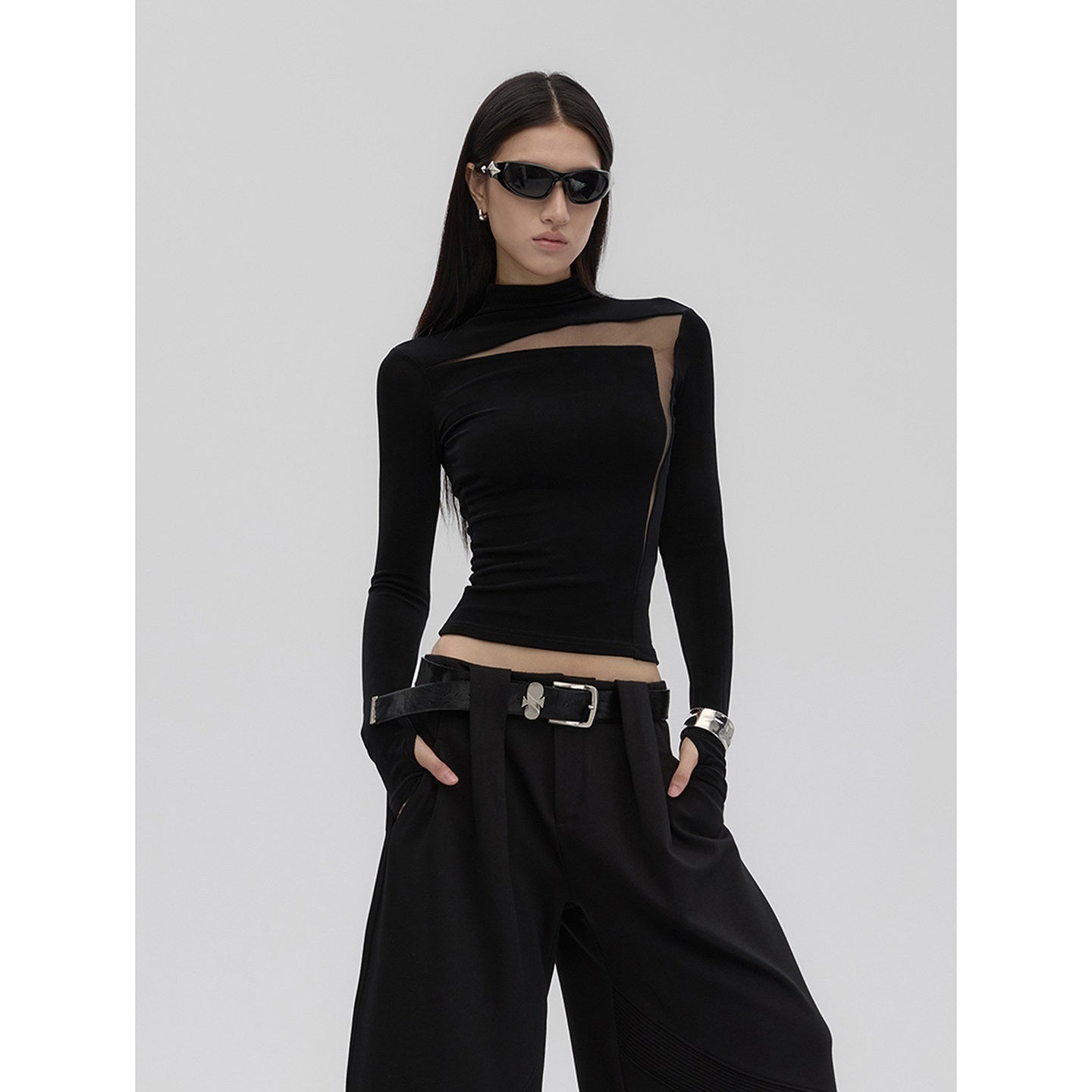 Fanptntox_Black_Sheer_Mesh_Splice_Slim_High_Neck_Women's_Acetate_Long_Sleeve_T-shirts_943712350705_MISSTT