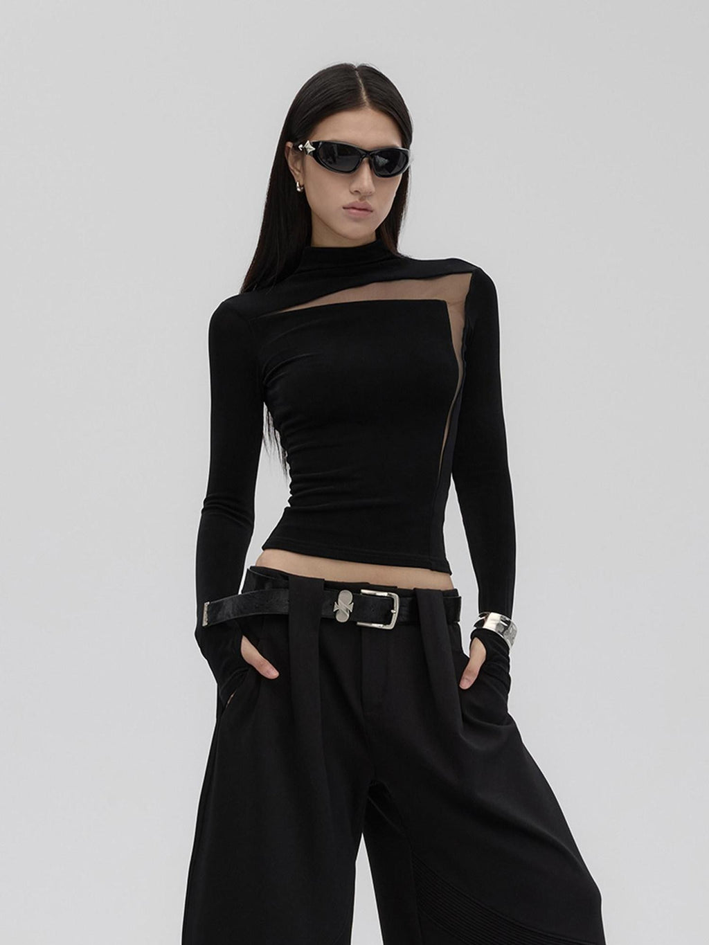 Fanptntox Black Sheer Mesh Splice Slim High Neck Women's Acetate Long Sleeve T-shirts