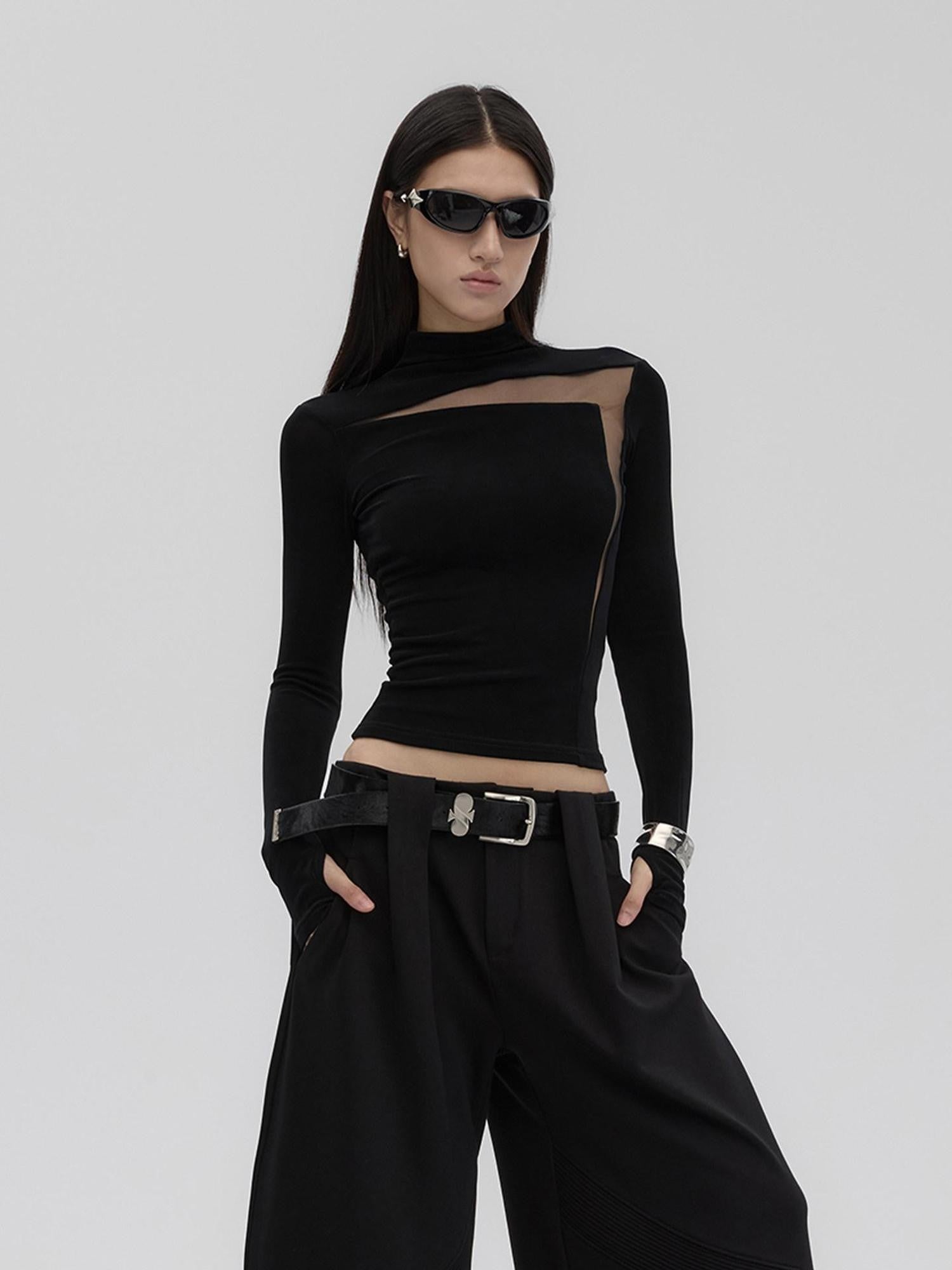 Fanptntox Black Sheer Mesh Splice Slim High Neck Women's Acetate Long Sleeve T-shirts