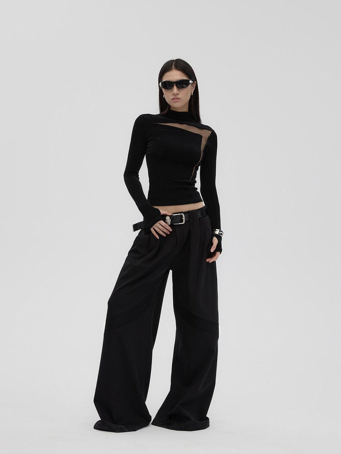 Fanptntox Black Sheer Mesh Splice Slim High Neck Women's Acetate Long Sleeve T-shirts