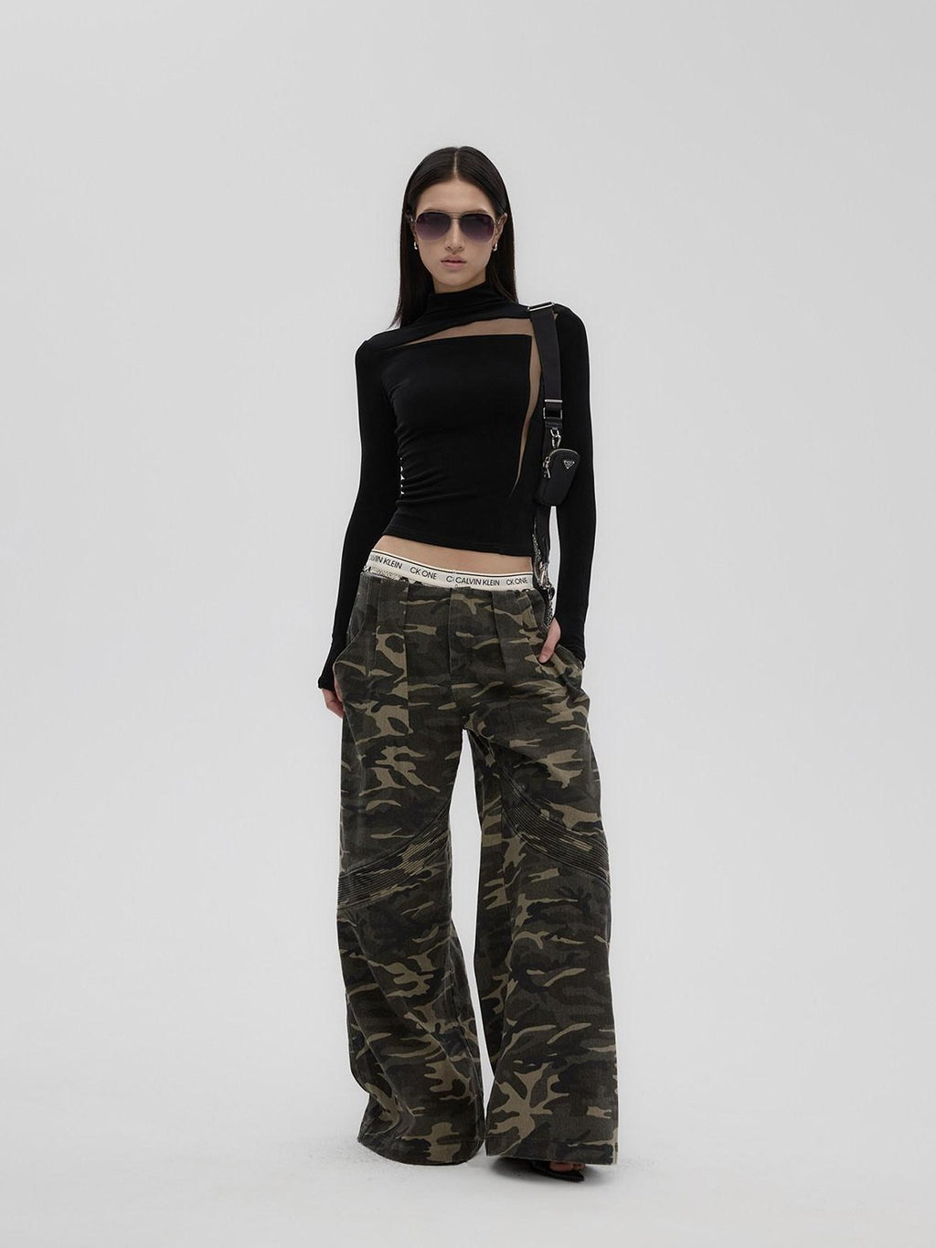 Fanptntox Black Sheer Mesh Splice Slim High Neck Women's Acetate Long Sleeve T-shirts
