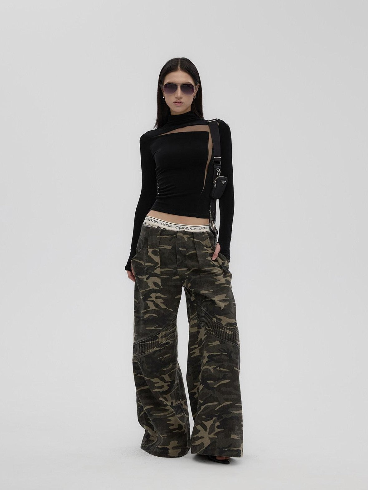 Fanptntox Black Sheer Mesh Splice Slim High Neck Women's Acetate Long Sleeve T-shirts
