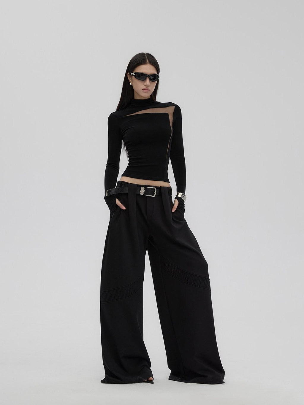 Fanptntox Black Sheer Mesh Splice Slim High Neck Women's Acetate Long Sleeve T-shirts
