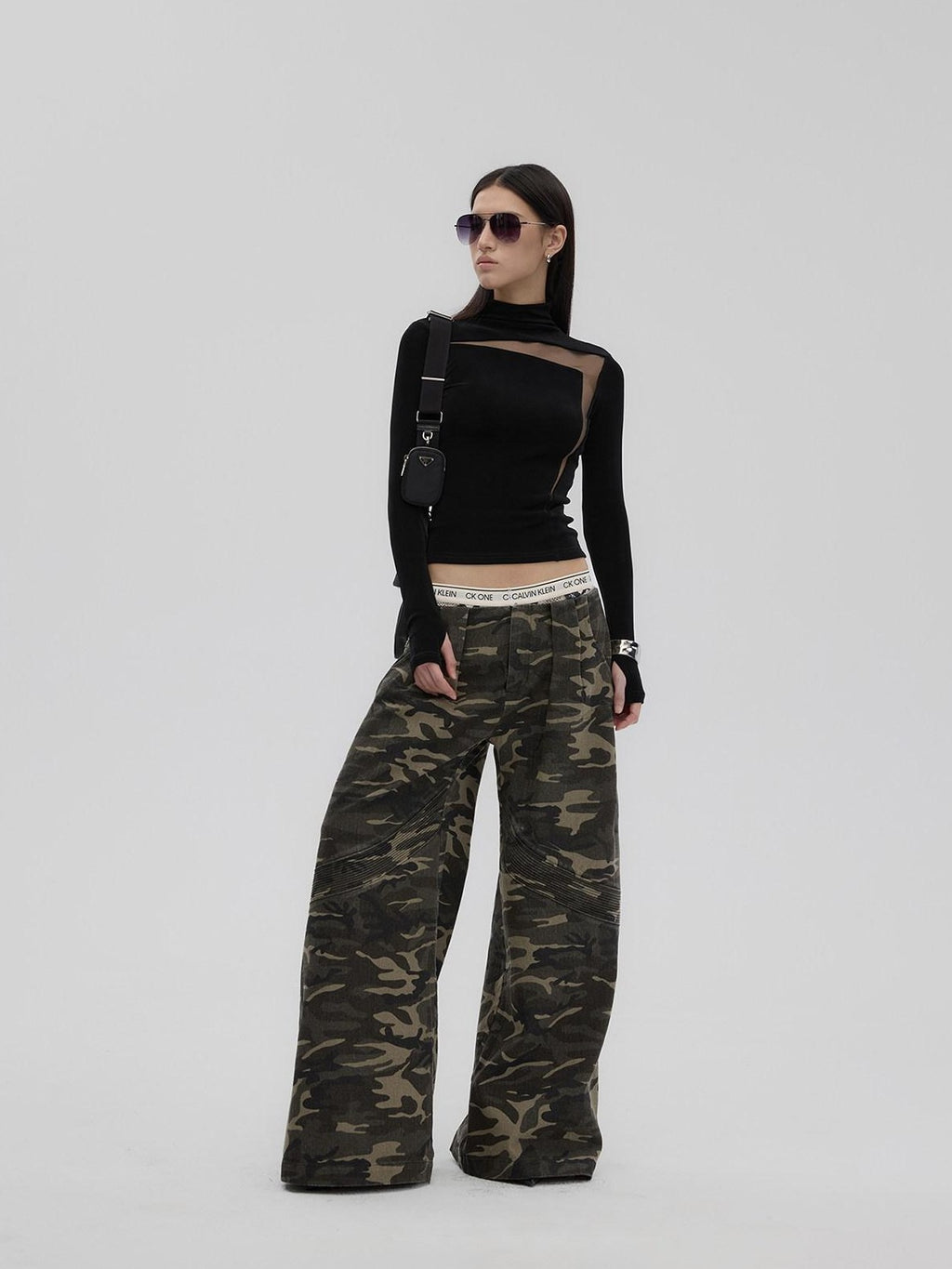 Fanptntox Black Sheer Mesh Splice Slim High Neck Women's Acetate Long Sleeve T-shirts