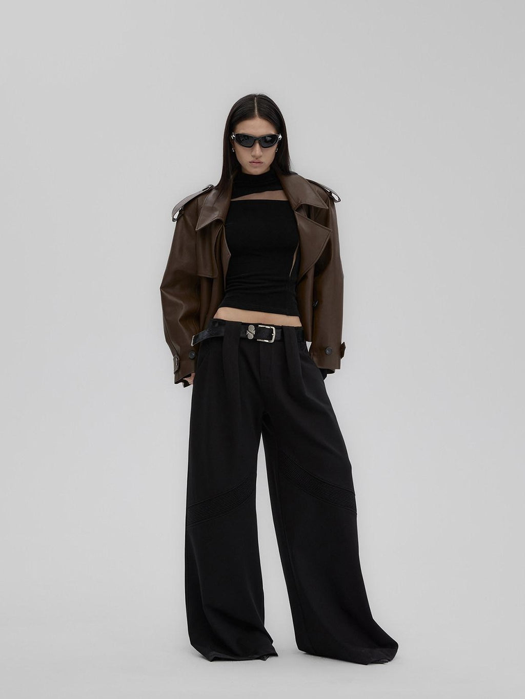 Fanptntox Black Sheer Mesh Splice Slim High Neck Women's Acetate Long Sleeve T-shirts