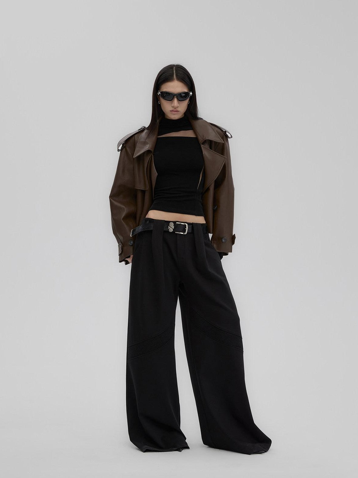 Fanptntox Black Sheer Mesh Splice Slim High Neck Women's Acetate Long Sleeve T-shirts