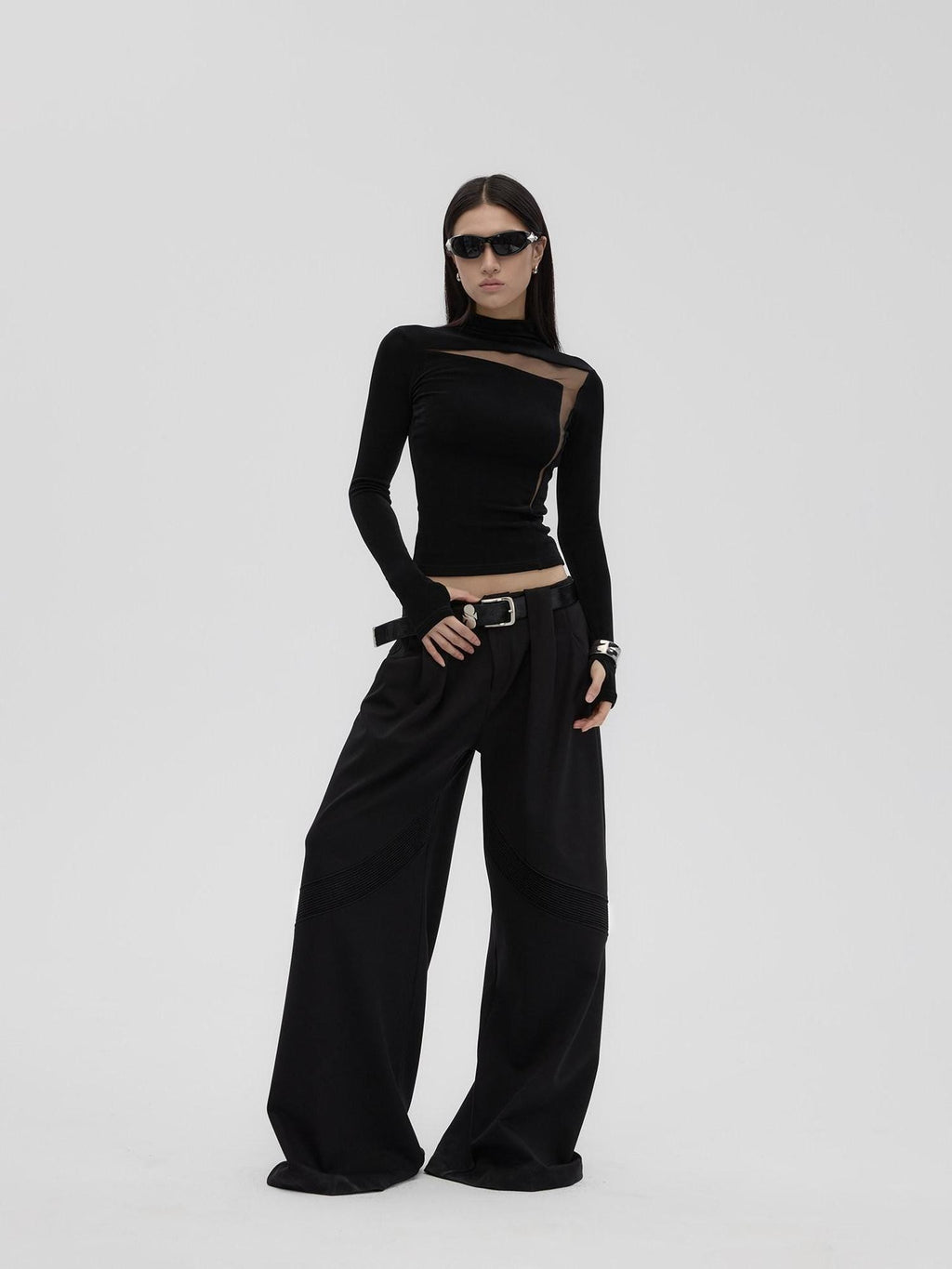 Fanptntox Black Sheer Mesh Splice Slim High Neck Women's Acetate Long Sleeve T-shirts