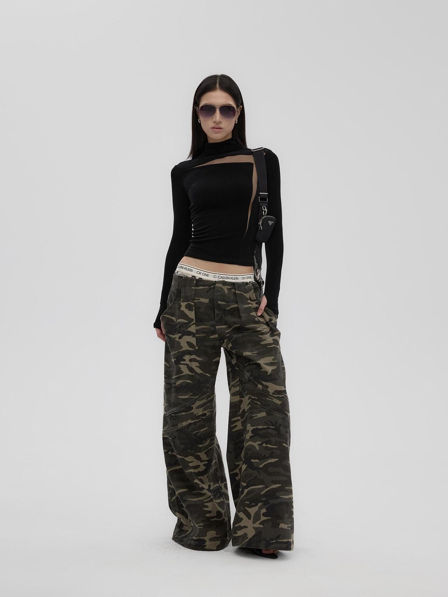 Fanptntox Black Sheer Mesh Splice Slim High Neck Women's Acetate Long Sleeve T-shirts