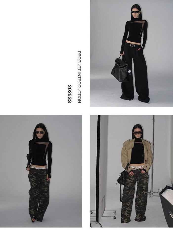 Fanptntox Black Sheer Mesh Splice Slim High Neck Women's Acetate Long Sleeve T-shirts