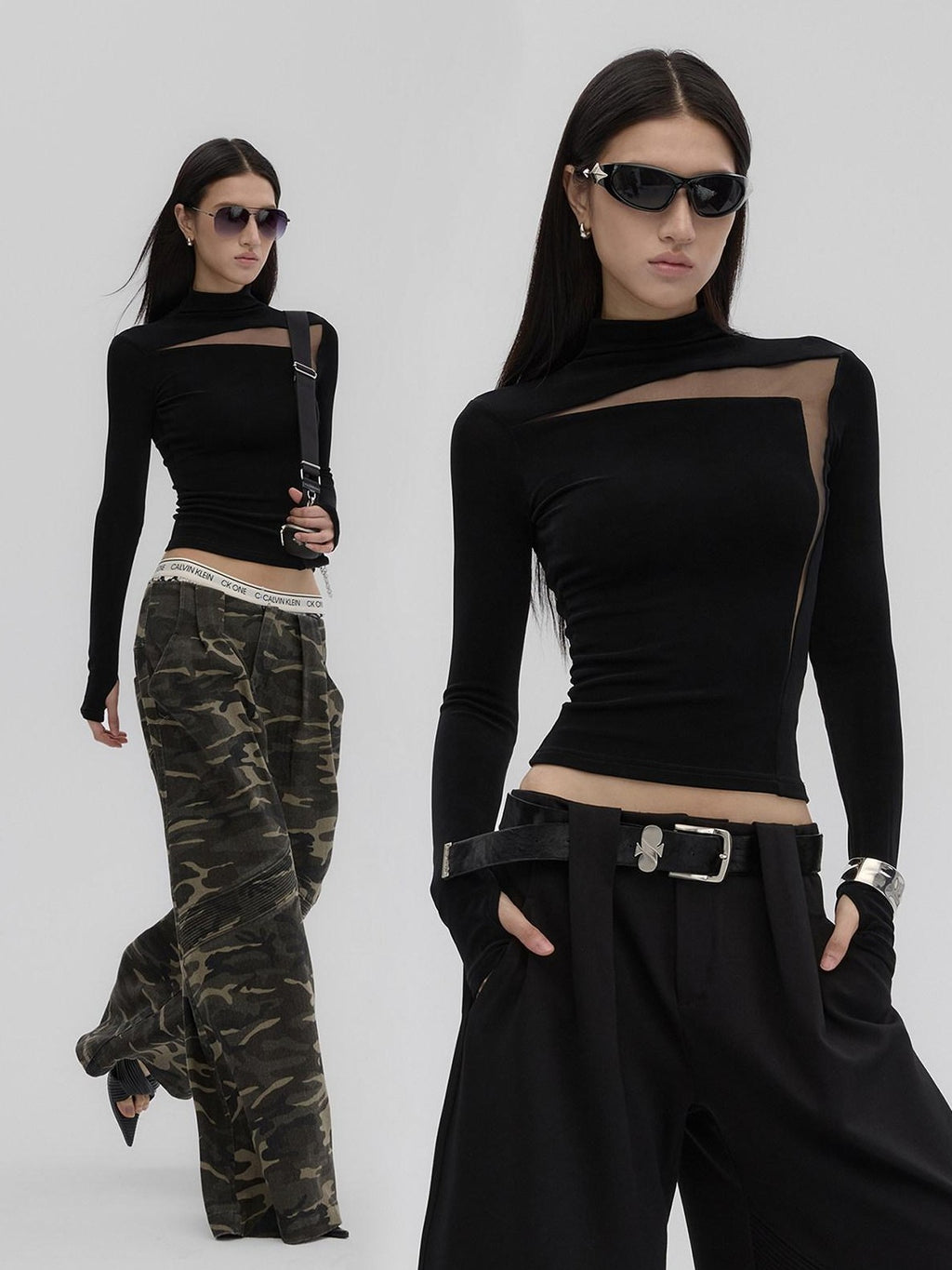Fanptntox Black Sheer Mesh Splice Slim High Neck Women's Acetate Long Sleeve T-shirts