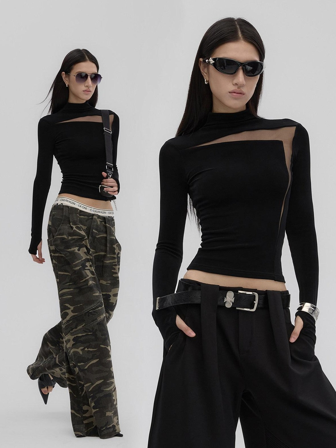 Fanptntox Black Sheer Mesh Splice Slim High Neck Women's Acetate Long Sleeve T-shirts