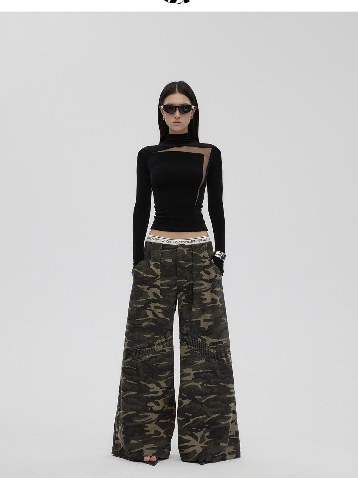 Fanptntox Black Sheer Mesh Splice Slim High Neck Women's Acetate Long Sleeve T-shirts