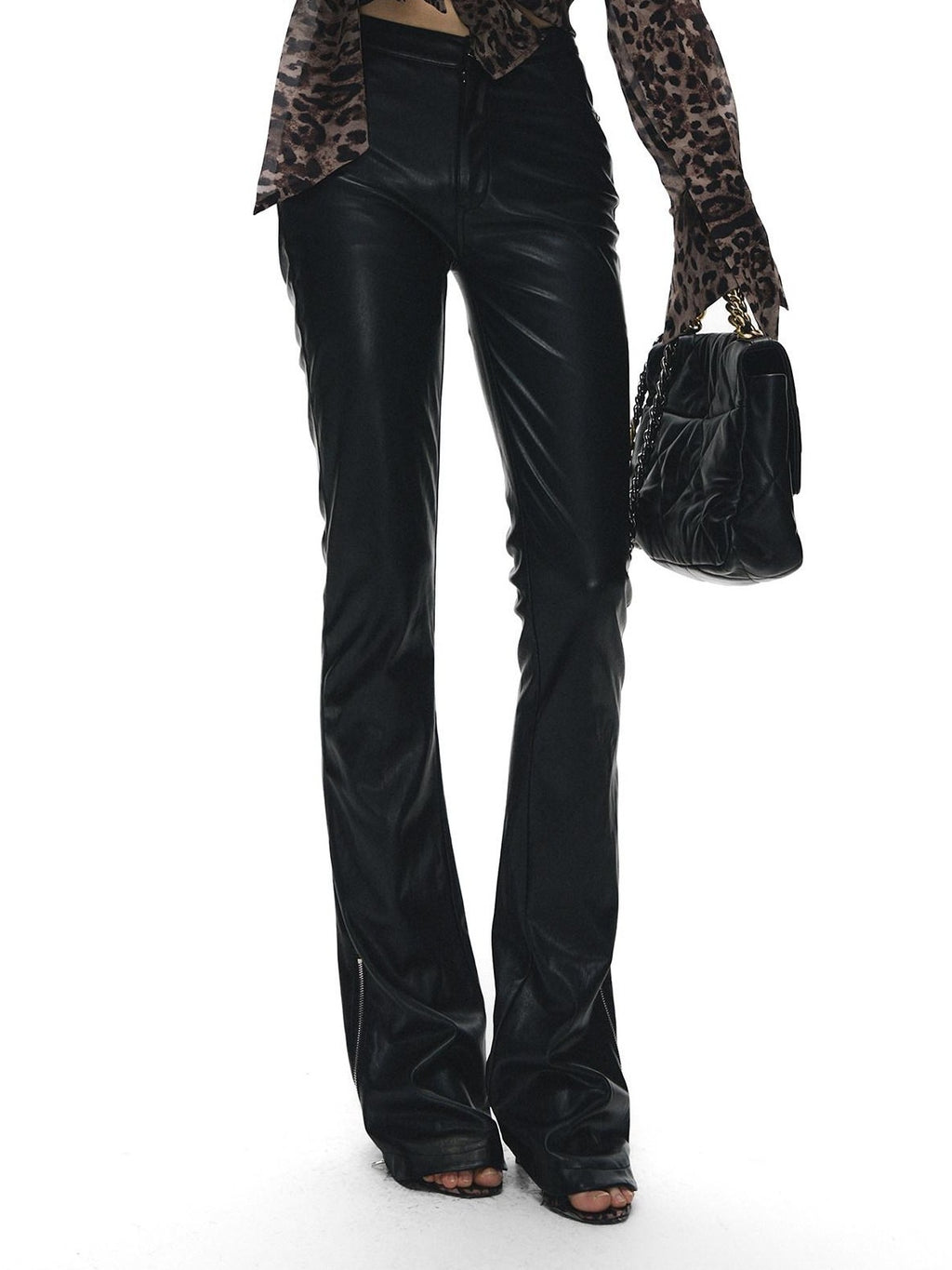 Fanptntox Black Slim Low Rise Zip Detail Women's Pu Faux Leather Pants