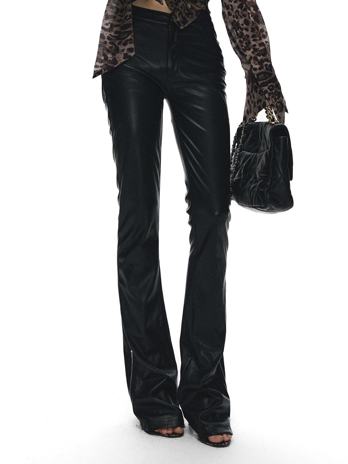 Fanptntox Black Slim Low Rise Zip Detail Women's Pu Faux Leather Pants