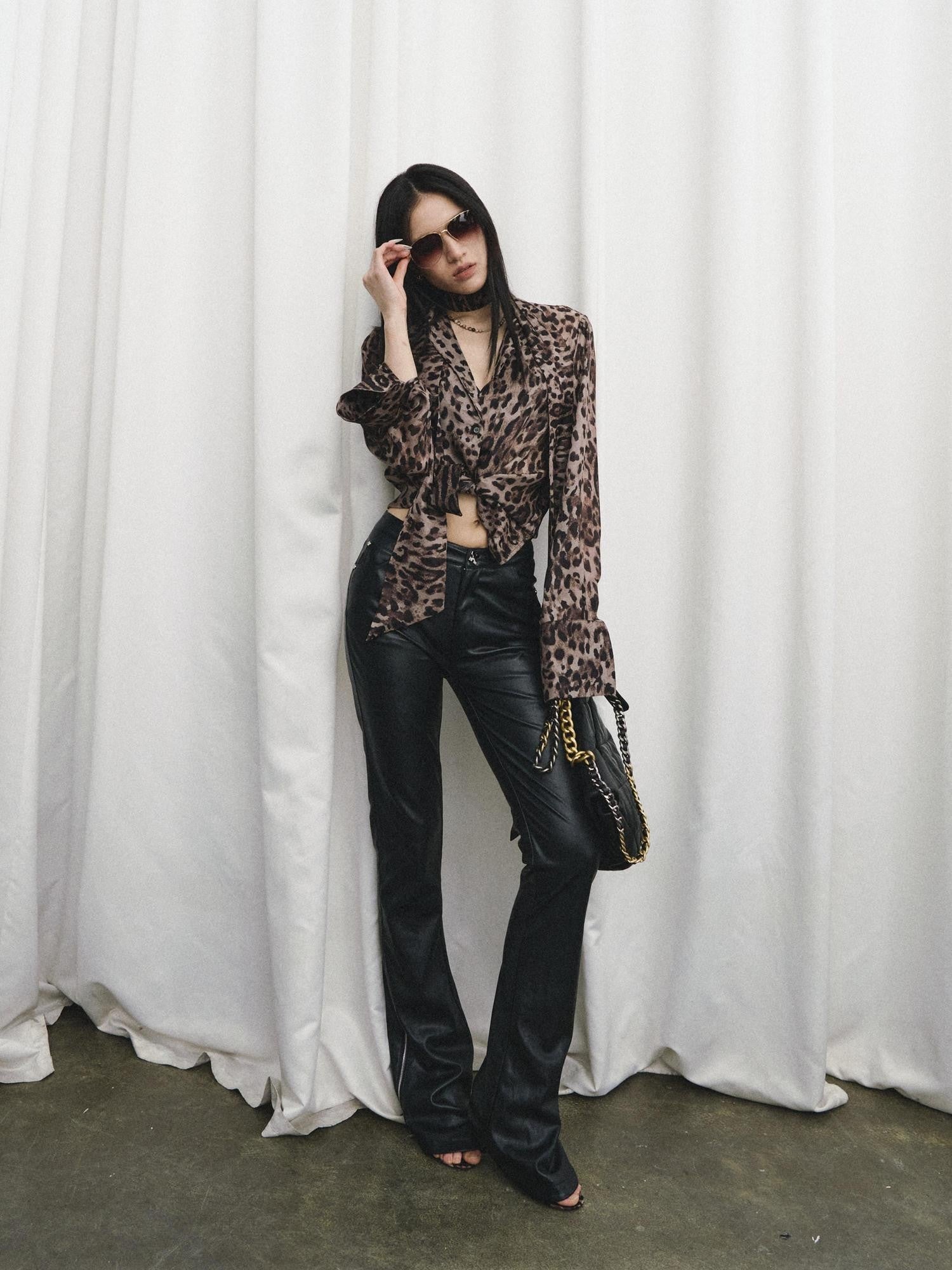 Fanptntox Black Slim Low Rise Zip Detail Women's Pu Faux Leather Pants