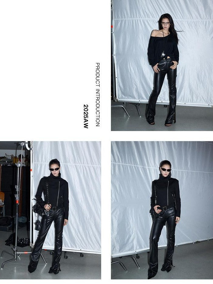 Fanptntox Black Slim Low Rise Zip Detail Women's Pu Faux Leather Pants